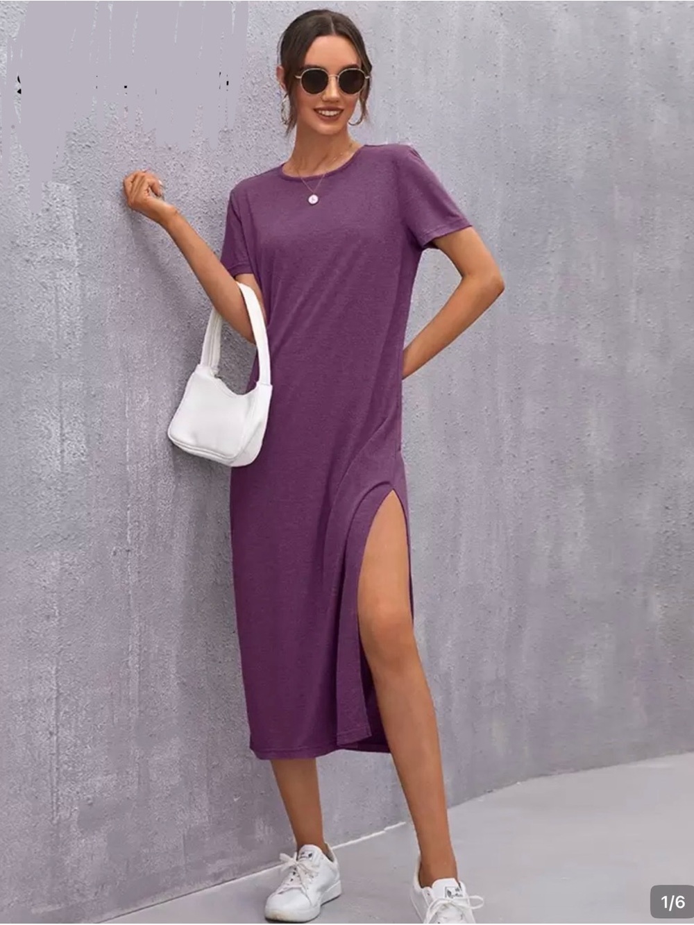 Purple Short-Sleeve Side-Slit Midi Dress